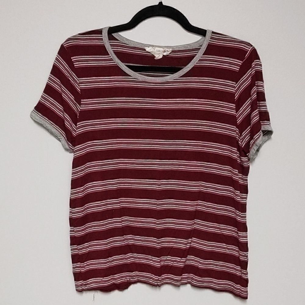 Pink Republic Women's Short Sleeve Striped Tee - Burgundy & Gray